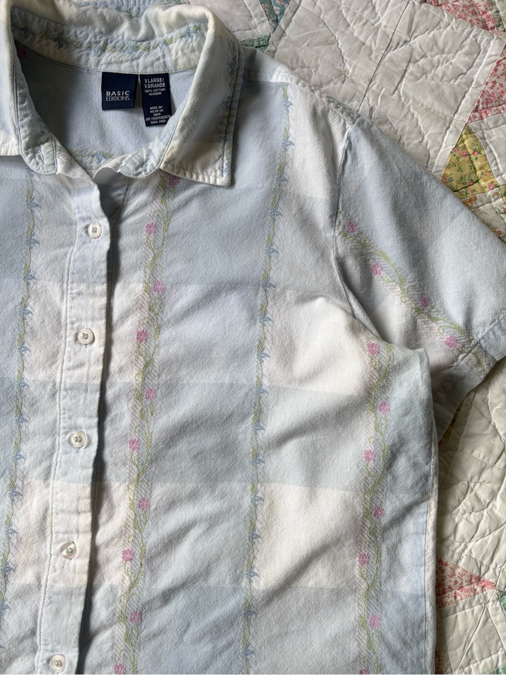 Vintage Floral Embroidered Cotton Blue Check Shirt Blouse Top XL 90s Y2K Cottage